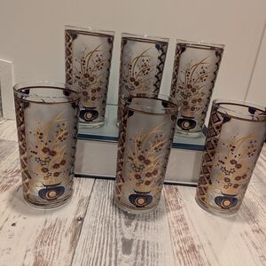 Artistic Floral Glass Tumbler Set with Gold Accents